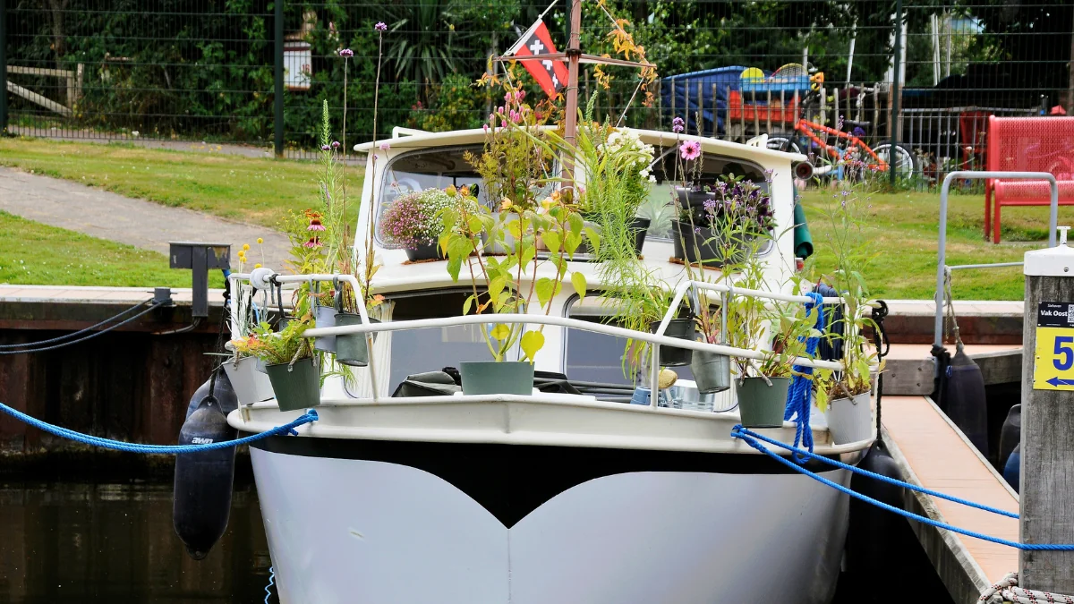 Lars’ boat moored at a quiet Dutch harbour, surrounded by plants, symbolising peace, reflection, and new beginnings.